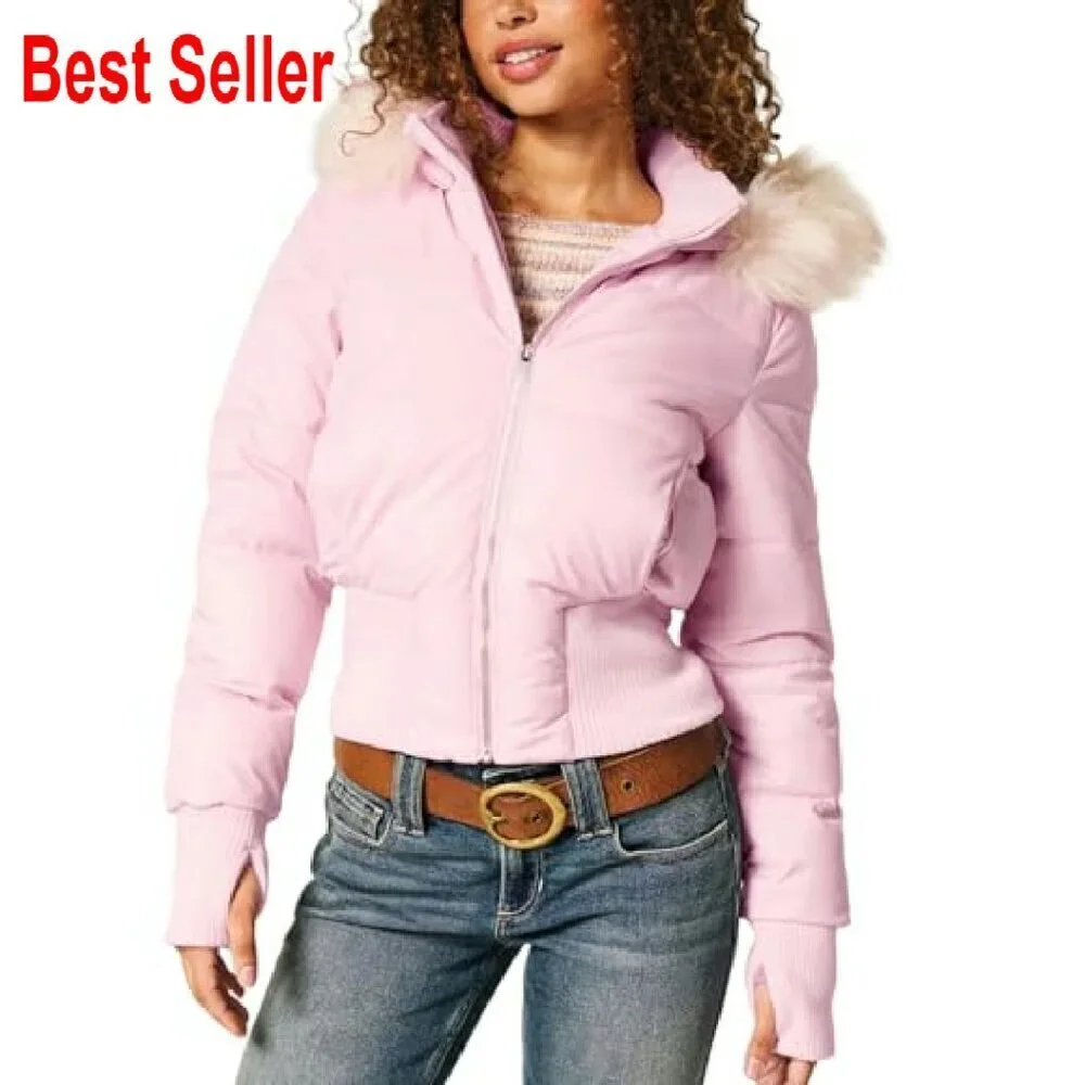 Faux Fur Trim Hooded Puffer Bomber Jacket Quilted Cropped Winter Warm